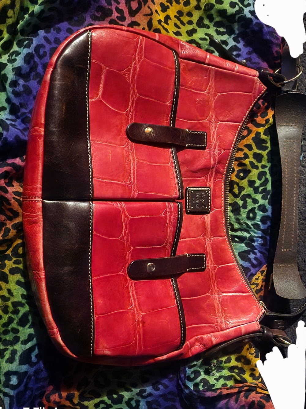 Dooney & Bourke Red and Dark Brown Croc-Embossed Leather Hobo Bag